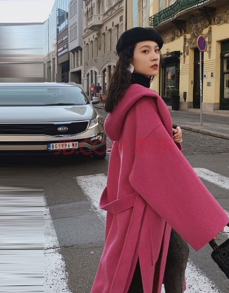【新上架】玫红色双面呢大衣女2020年秋冬季新款韩版连帽毛呢外套中长