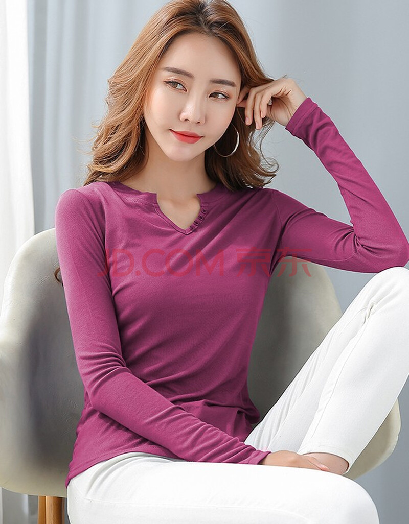 纯色净版t恤女装学生时尚小v领内搭小衫韩版收腰显瘦身休闲丅血衫秋衣