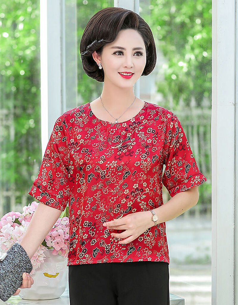 妈妈夏装短袖仿真丝t恤中年妇女夏季半袖衣服中老年大码碎花上衣 花色
