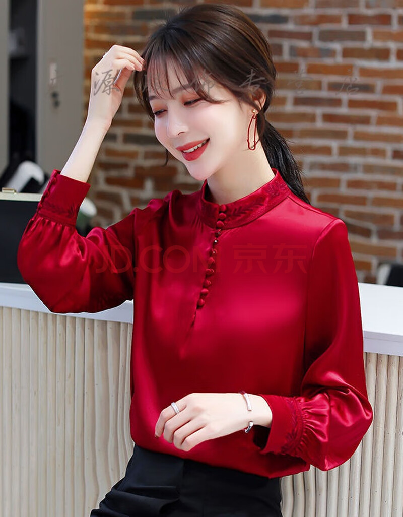 高端轻奢重磅真丝红色上衣女2020秋款小衫时尚气质百搭