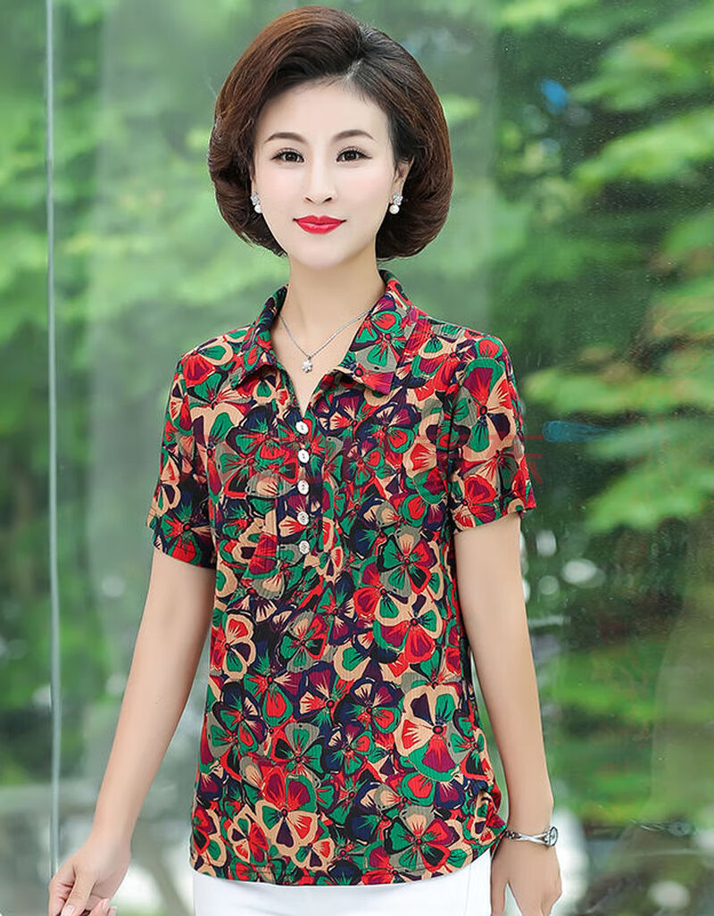 妈妈夏装短袖衬衫40-50岁中老年人夏天衣服中年时尚t恤休闲上衣女