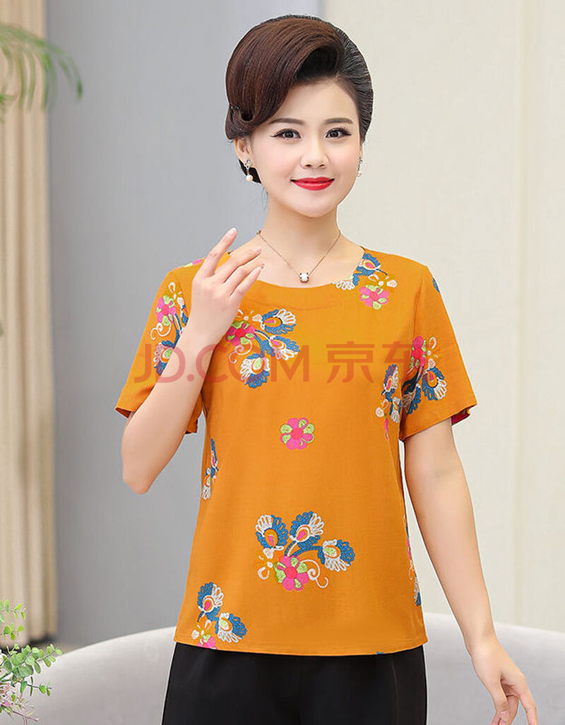 中老年棉绸短袖t恤女夏季新款中年妇女夏款妈妈装宽松大码上衣胖 黄色