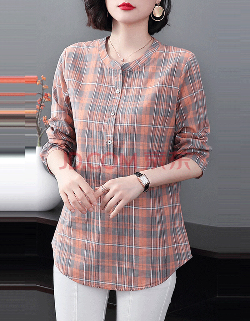 衬衫女长袖棉麻女装2021春夏装新品女装韩版妈妈装洋气格子显瘦时尚