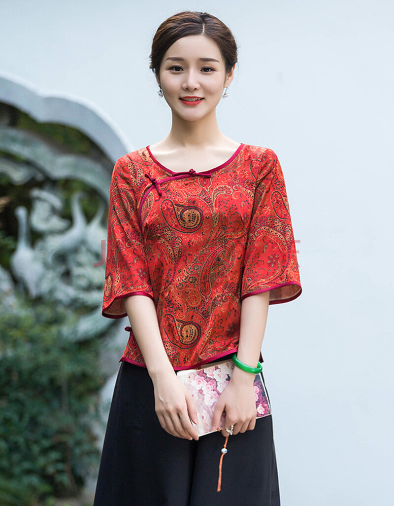 华族经典唐装改良版女时尚夏季新中式圆领短款短袖上衣【回馈款】