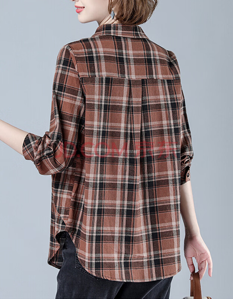 女装格子衬衫女显瘦百搭衬衣女时尚格纹长袖衬衣秋装外套女 卡其色 xl