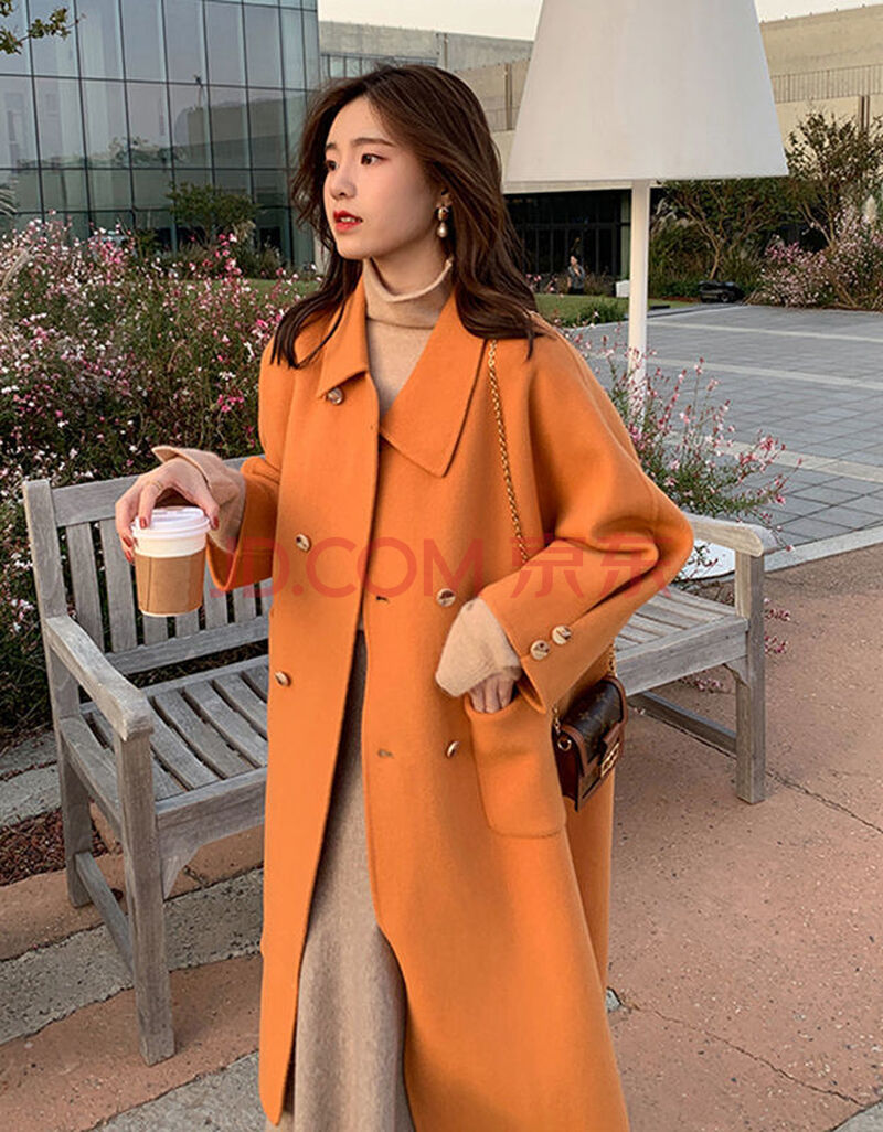 2020新款冬优雅加厚呢子外套设计感双排扣中长款毛呢大衣女 橘色 m