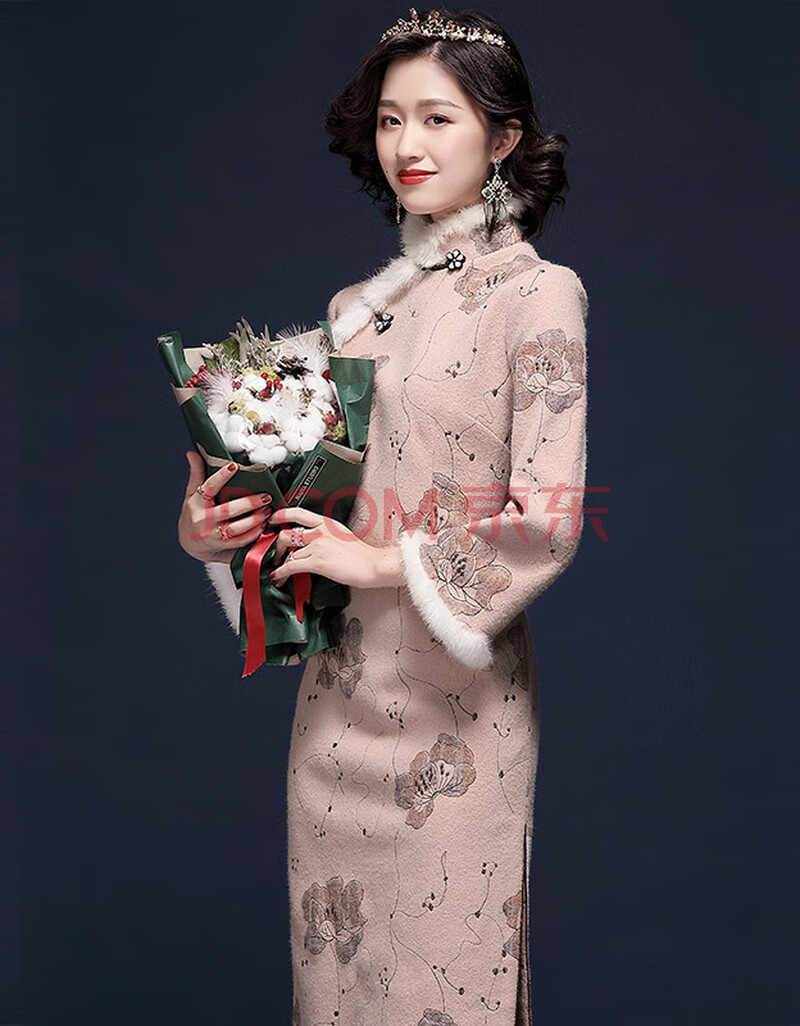 中长款旗袍秋冬新款时尚毛呢刺绣旗袍裙中国风改良版显瘦中长款旗袍