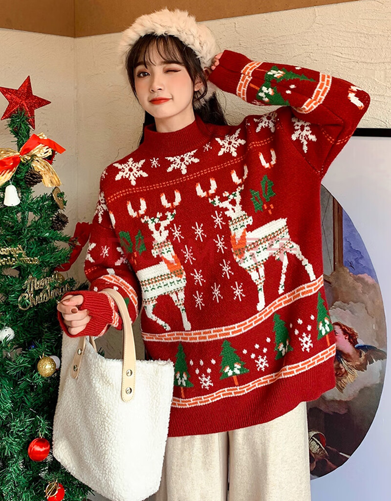 圣诞毛衣女圣诞节衣服麋鹿红色加厚冬季2020年新款宽松外穿套头针织衫
