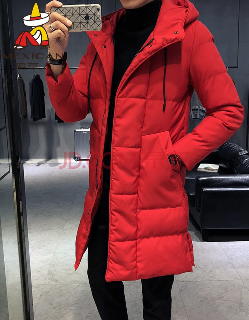 稻草人特价捡漏本命年男中长款冬季韩版潮流修身服红色过膝外套 红色