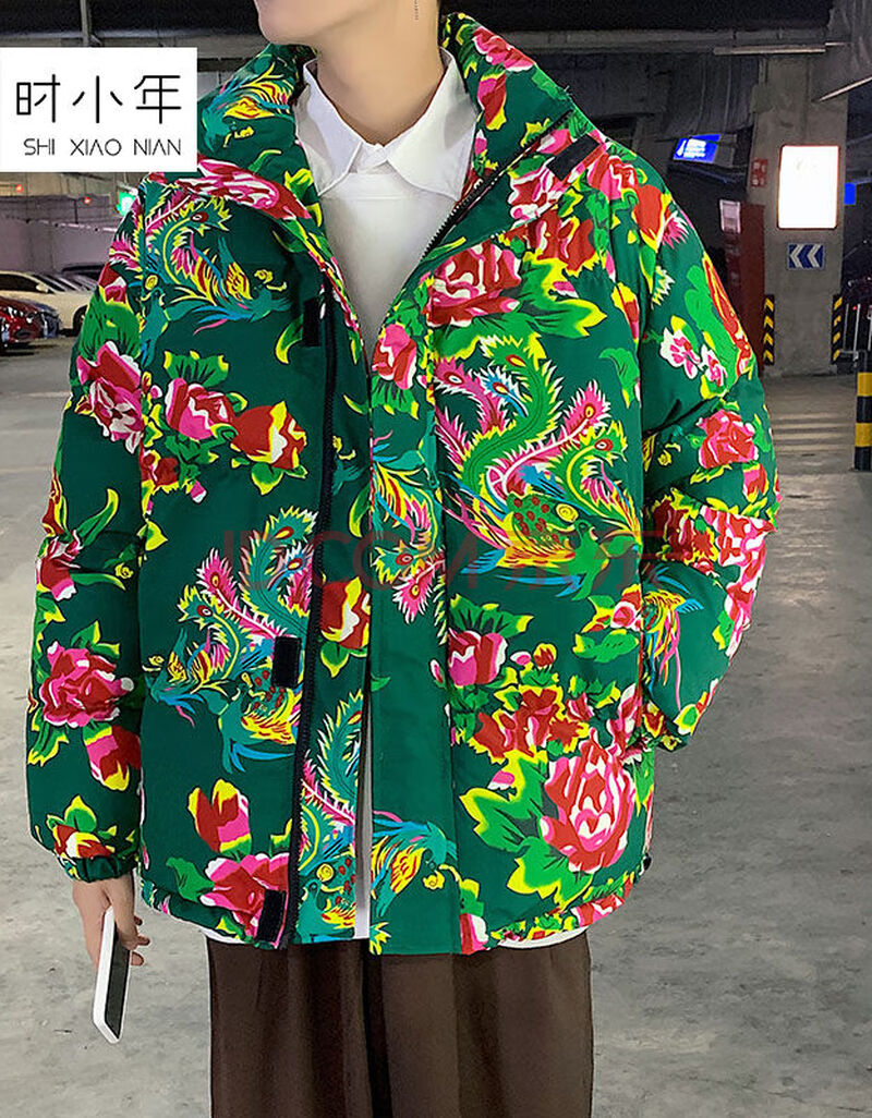 东北大花布棉袄成人男女民族风冬季复古棉服加厚保暖外套 绿底牡丹花