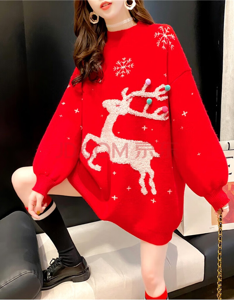 jn 针织衫女 圣诞2020新款秋冬圆领毛巾绣麋鹿毛衣女韩版宽松慵懒风