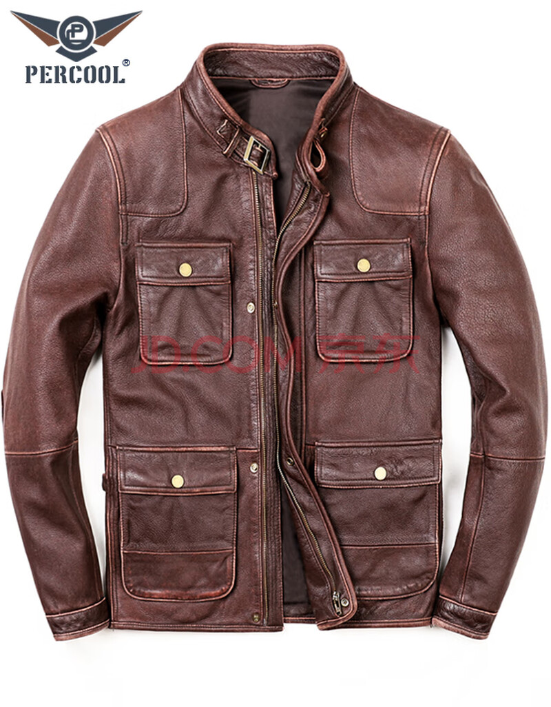 percool 猎装版真皮皮衣男头层牛皮复古做旧多口袋立领皮夹克2021秋冬
