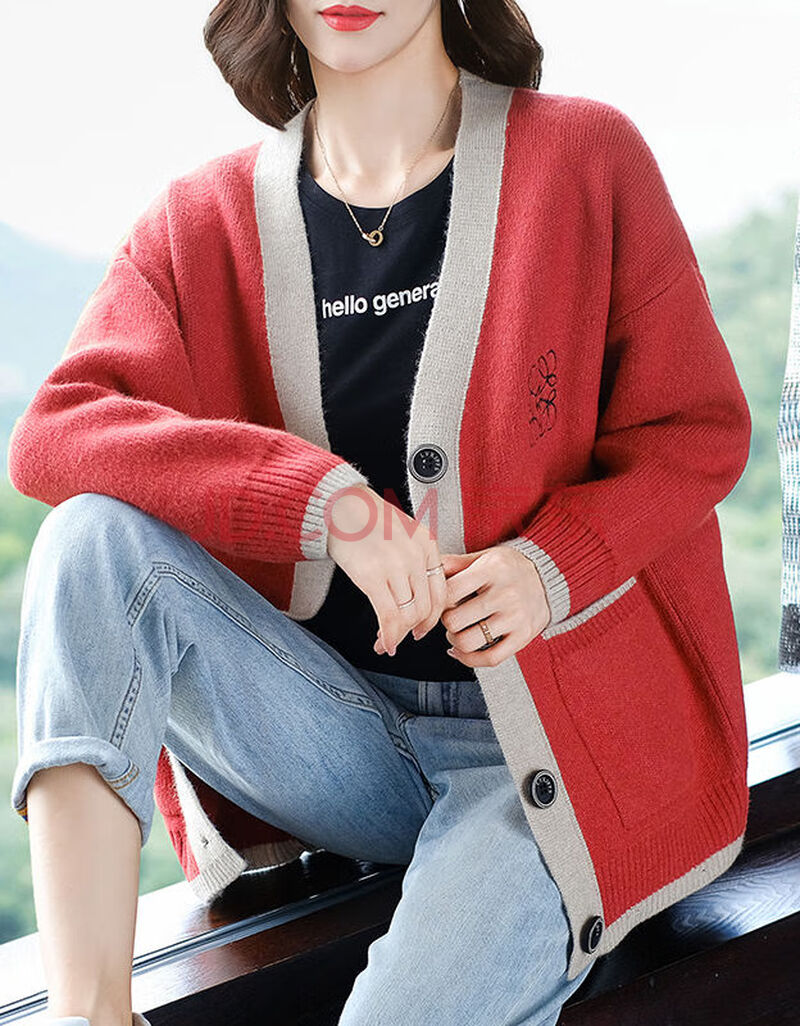 毛衣外套2020年秋冬新款e民族风绣花针织开衫女大码宽松外搭 砖红色