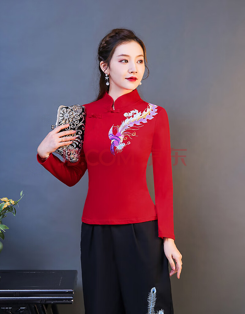 snight中国风女装新款中式古典复古风改良大码长袖t恤民族风刺绣女