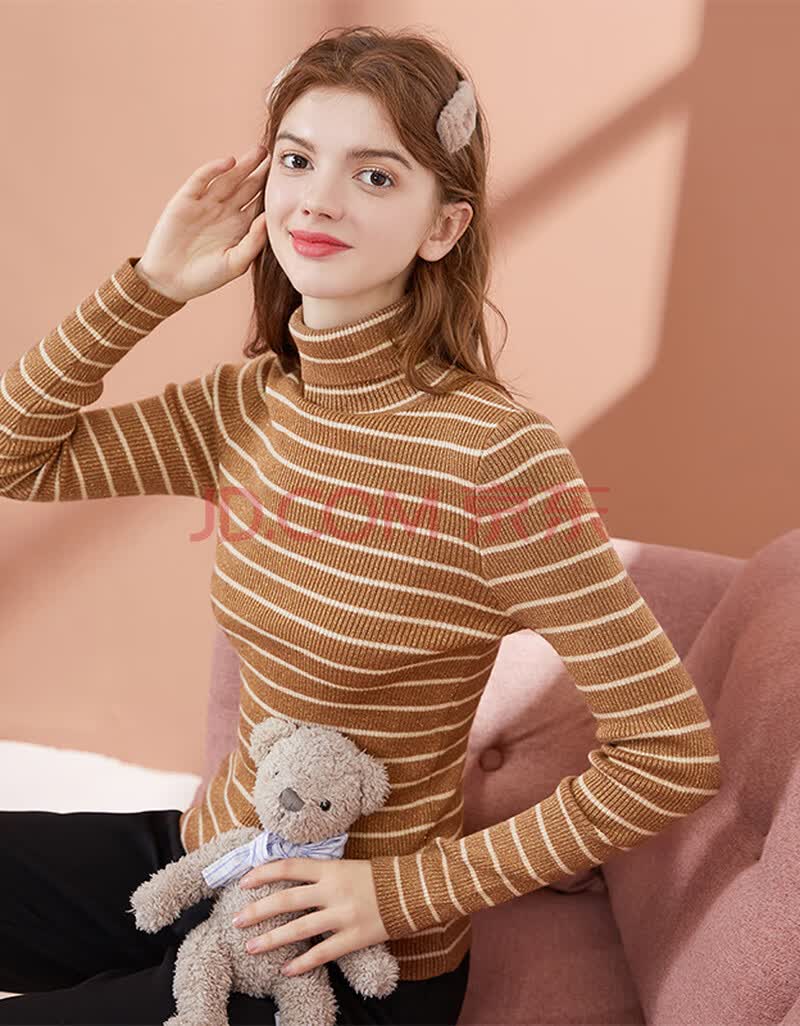 毛衣女士长袖条纹修身闪丝套头高领打底针织衫2020冬季新款 香槟色 l
