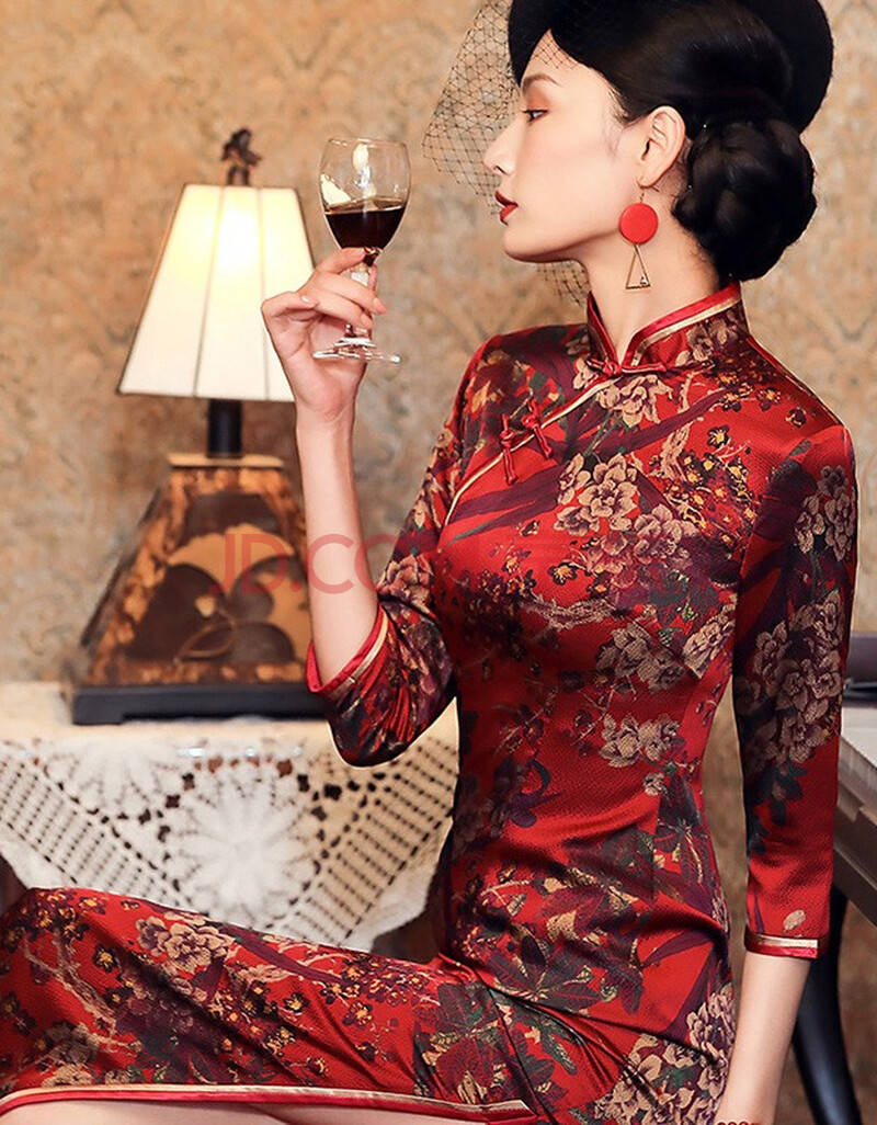 汇承(hcvip)真丝旗袍桑蚕丝高端年轻款气质复古七分袖秋装2020年新款