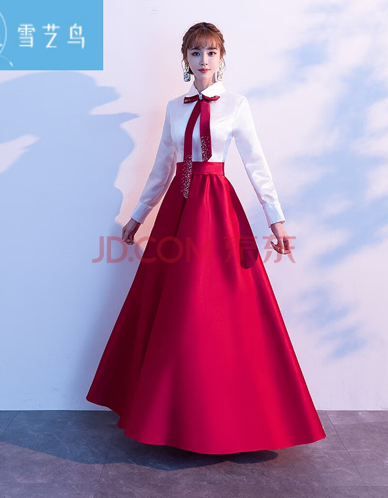 国庆演出服装女士成人大合唱团礼服连衣裙大码歌唱红歌晚会长裙元旦