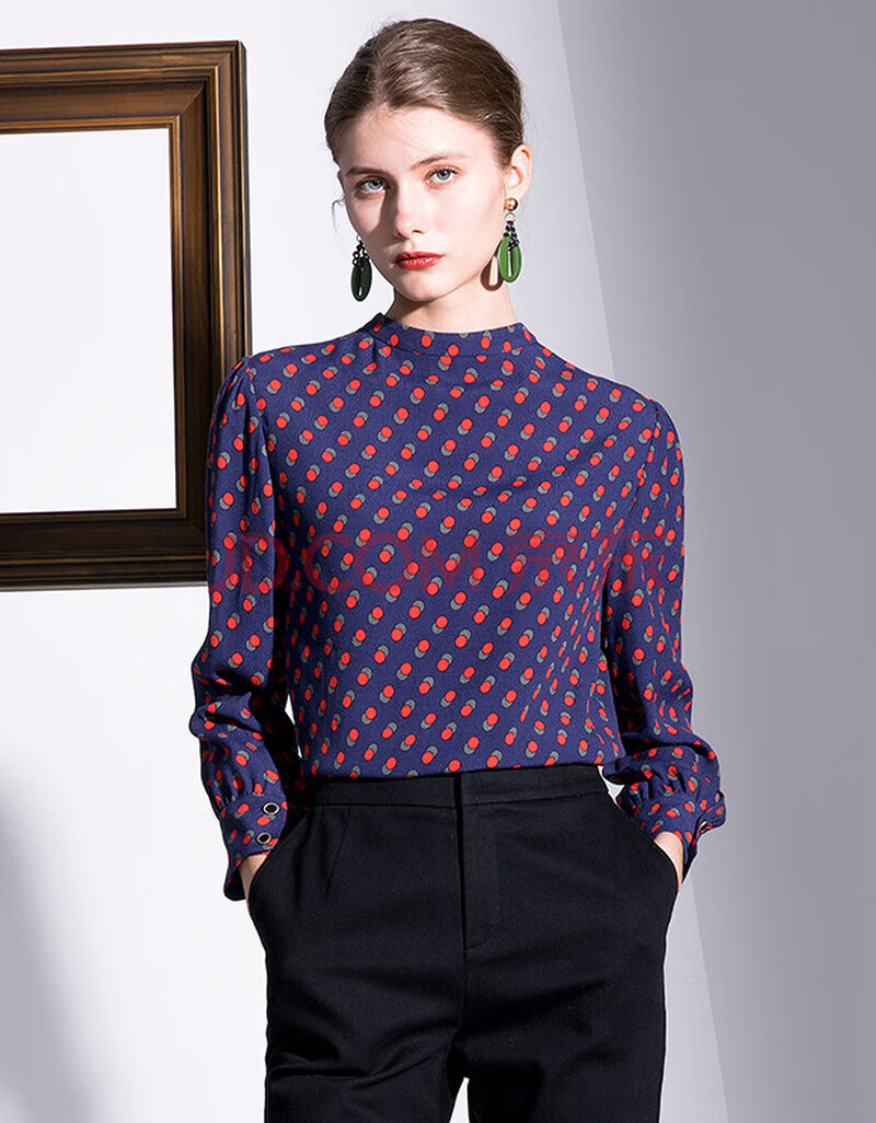 yifini/易菲21春秋长袖粘纤立领波点印花套头衬衫女上衣 蓝底红色花
