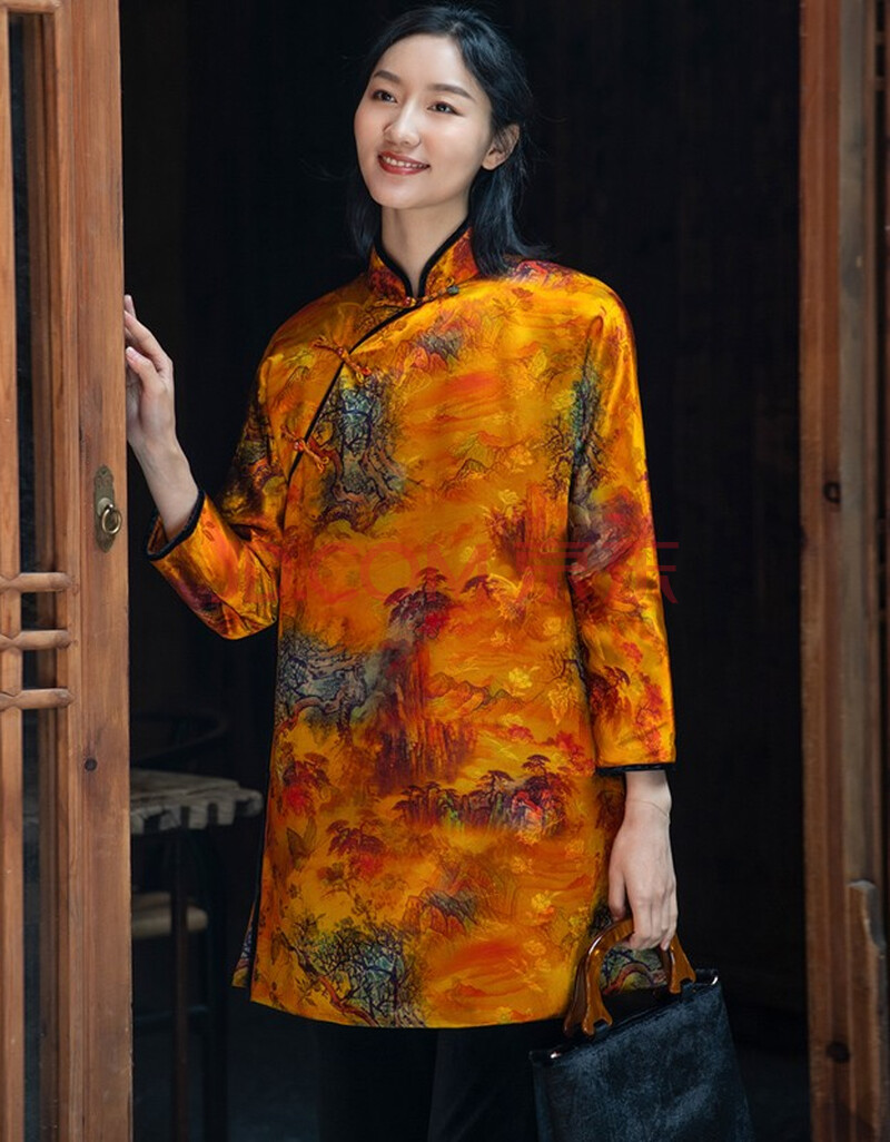 菲伊唐真蚕丝花罗香云纱中式复古改良女唐装立领斜襟夹棉衣外套中长