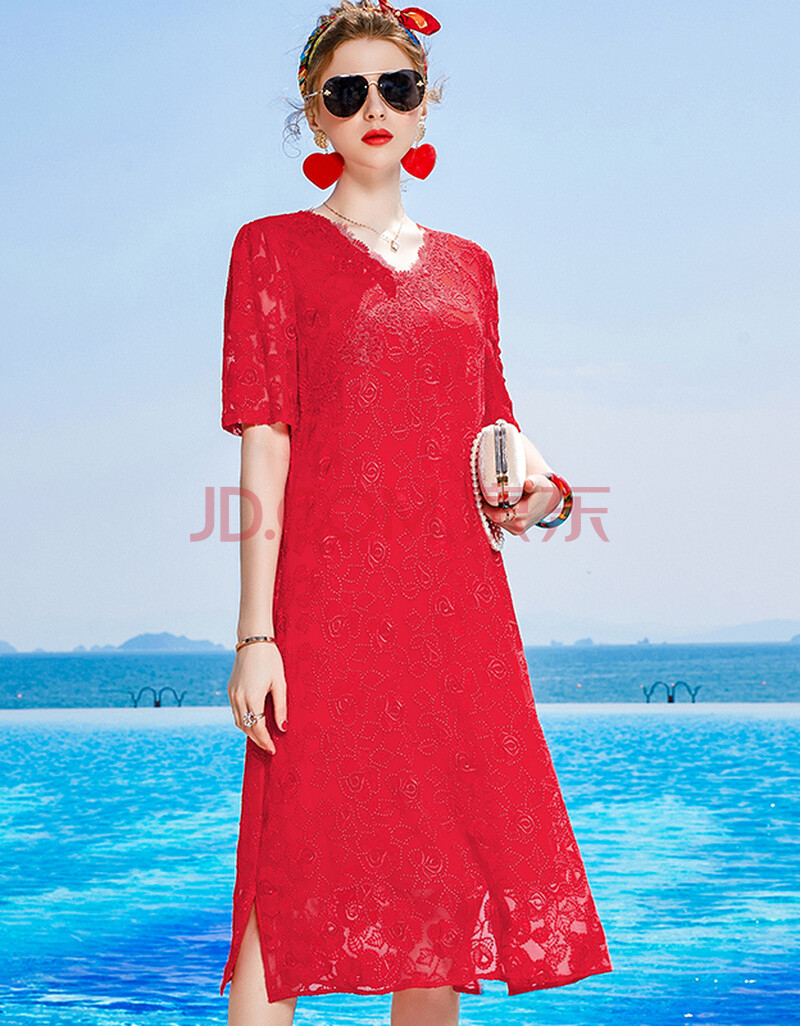 女装真丝桑蚕丝连衣裙女短袖2021新款夏季宽松气质红色v领丝绸连衣裙