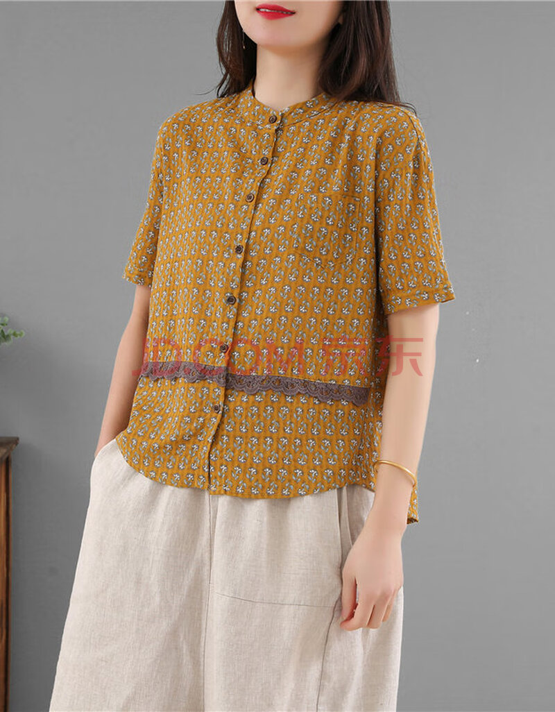 富贵鸟文艺复古棉麻上衣女夏季2021新款宽松碎花短袖衬衣韩版亚麻棉