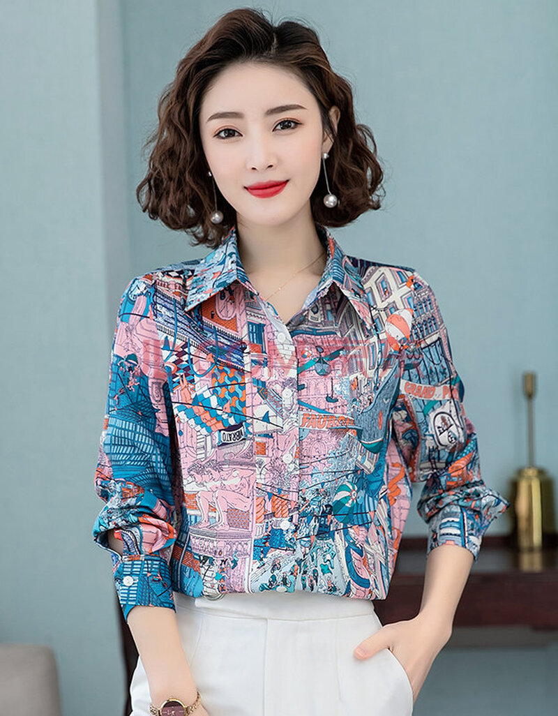 衬衫女重磅真丝花衬衫女2021新款斜纹绸长袖衬衣气质时尚洋气桑蚕丝