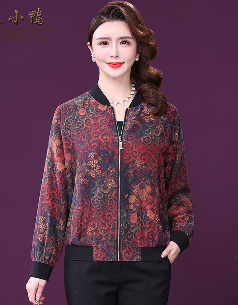 王小鸭阔太太真丝夹克女2021春季新款中年妈妈宽松印花桑蚕丝外套