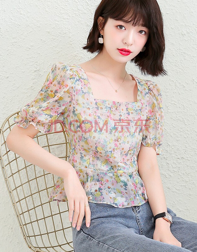 晋戈莉2021夏季新款短袖雪纺衫女法式复古方领甜美森系泡泡碎花雪纺衫