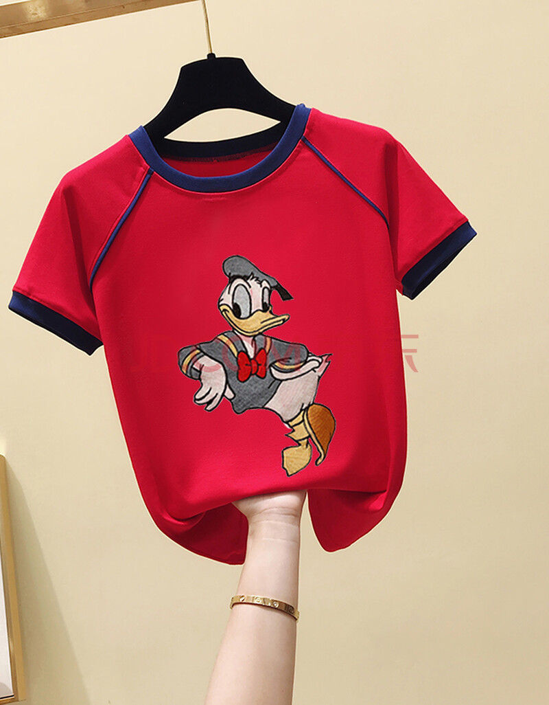 妮曼琪 新款流行夏装卡通唐老鸭刺绣修身短袖t恤女纯棉火ins上衣 红色