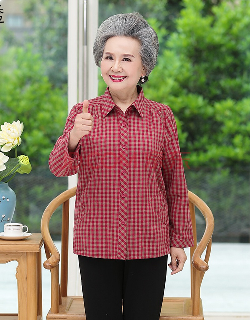 中老年女装妈妈装宽松型长袖衬衫纽扣休闲风奶奶秋装老太太老人全棉