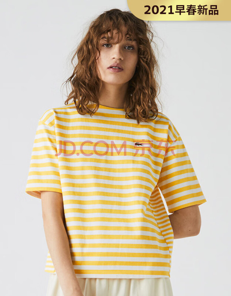 lacoste法国鳄鱼女装21春季新款时尚休闲条纹短袖t恤女tf2724 rzc/黄
