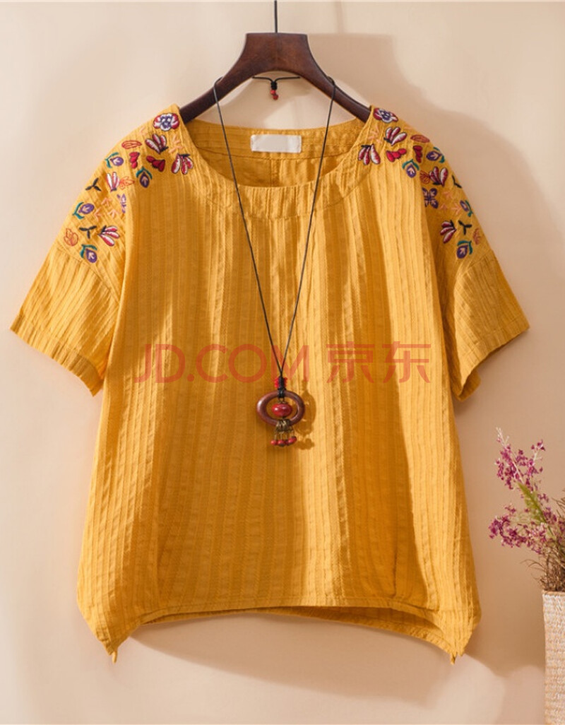 女式短袖上衣亚麻料棉麻t恤女新款夏天衣服宽松休闲女装薄款绵麻村 姜