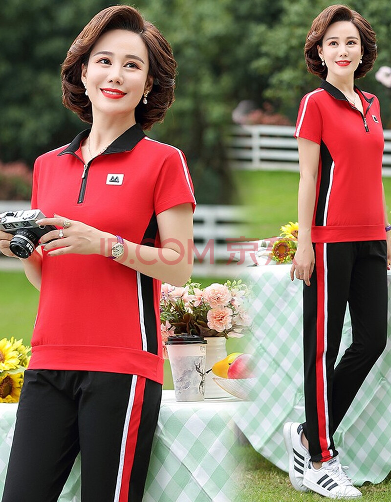 女装 中老年女装 羽翩(yupian) 羽翩中老年女装运动服套装短袖t恤中年