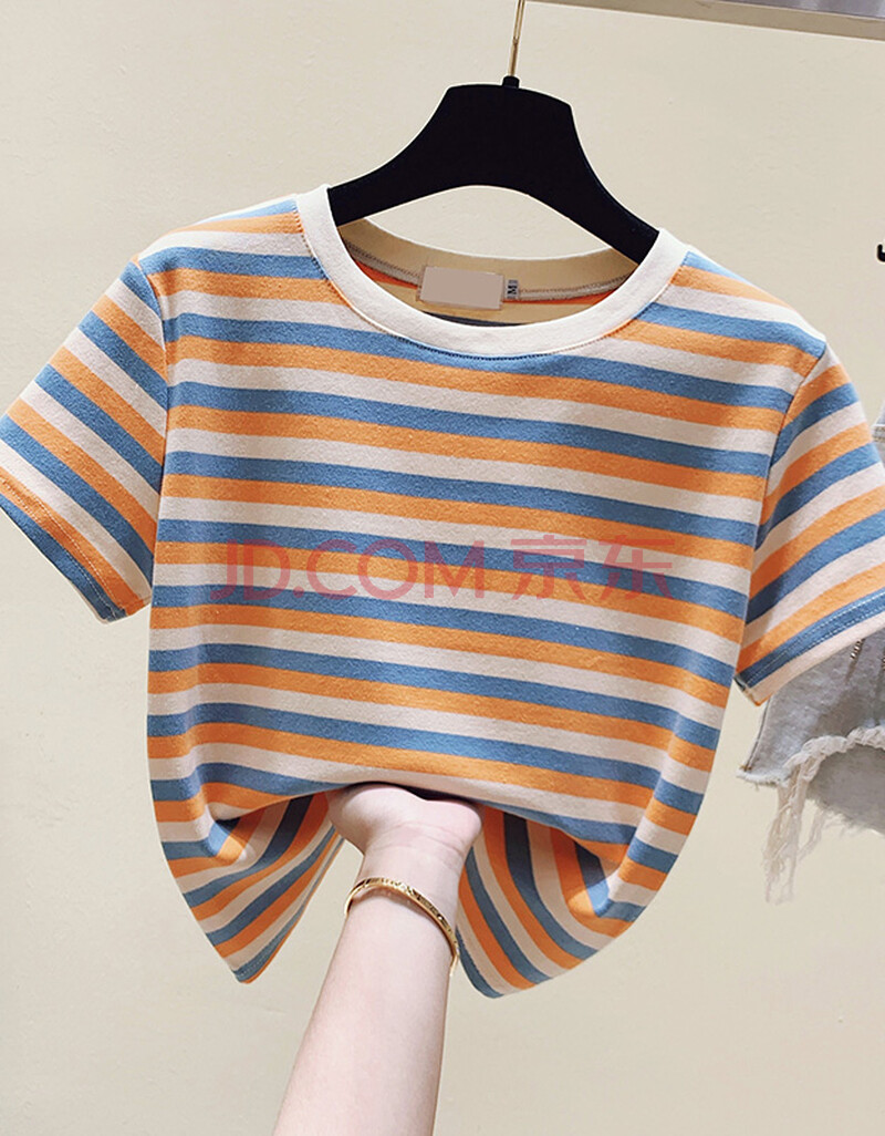 恒源祥夏季新款韩版条纹短袖t恤女装纯棉圆领修身显瘦短款ins潮女士