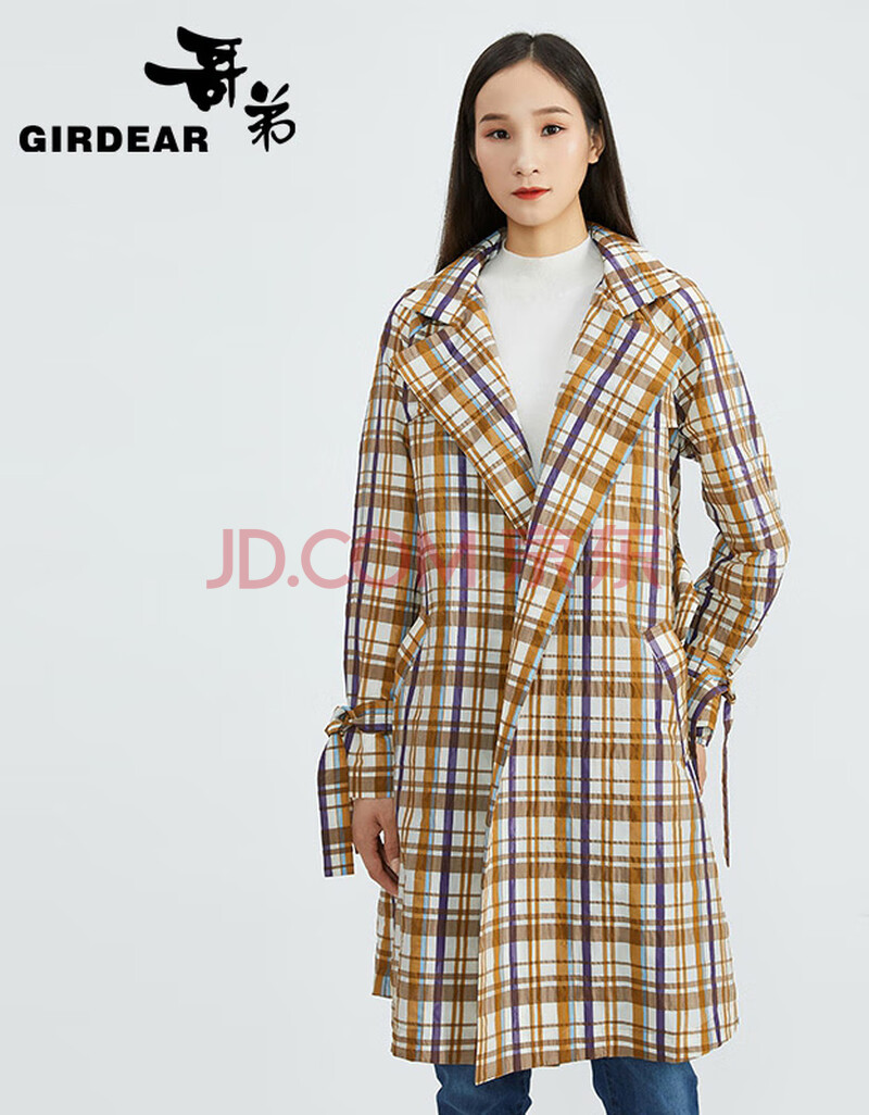 【商场同款】哥弟女装2021春季新款复古格纹中长款连帽风衣女外套