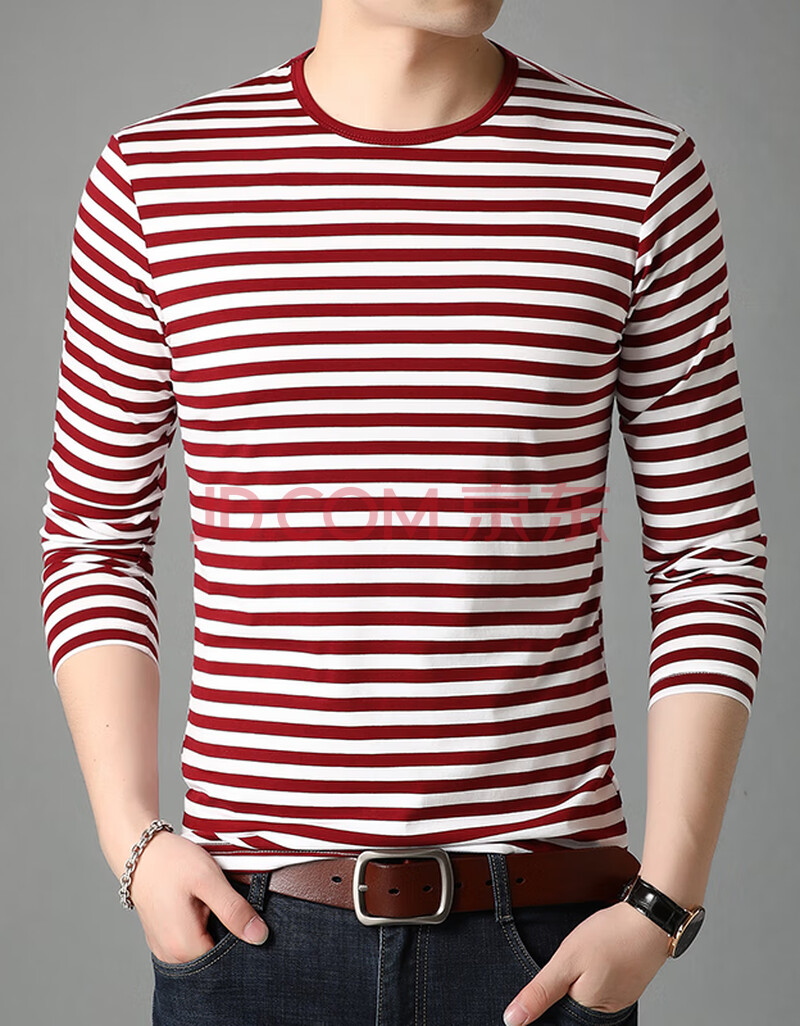 花花公子海魂衫t恤男纯棉圆领横条纹休闲打底汗衫海军衣体桖内衣服t恤