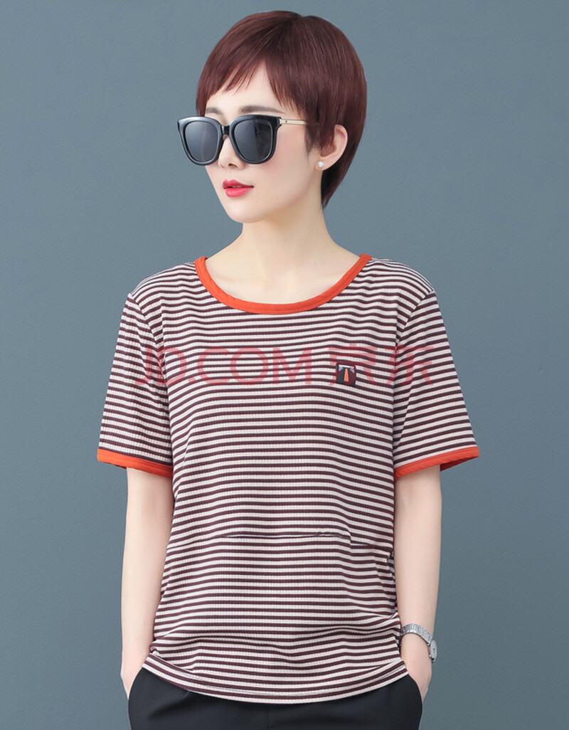 闲逛者2021春夏轻妈妈装短袖条纹t恤宽松40岁50洋气中半袖上衣服大码