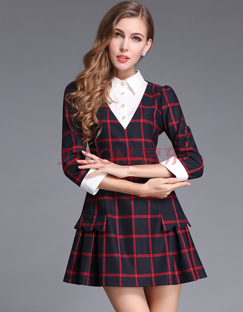 春装新款学院风衬衫领长袖连衣裙时尚修身红格子a字裙 红格子 s