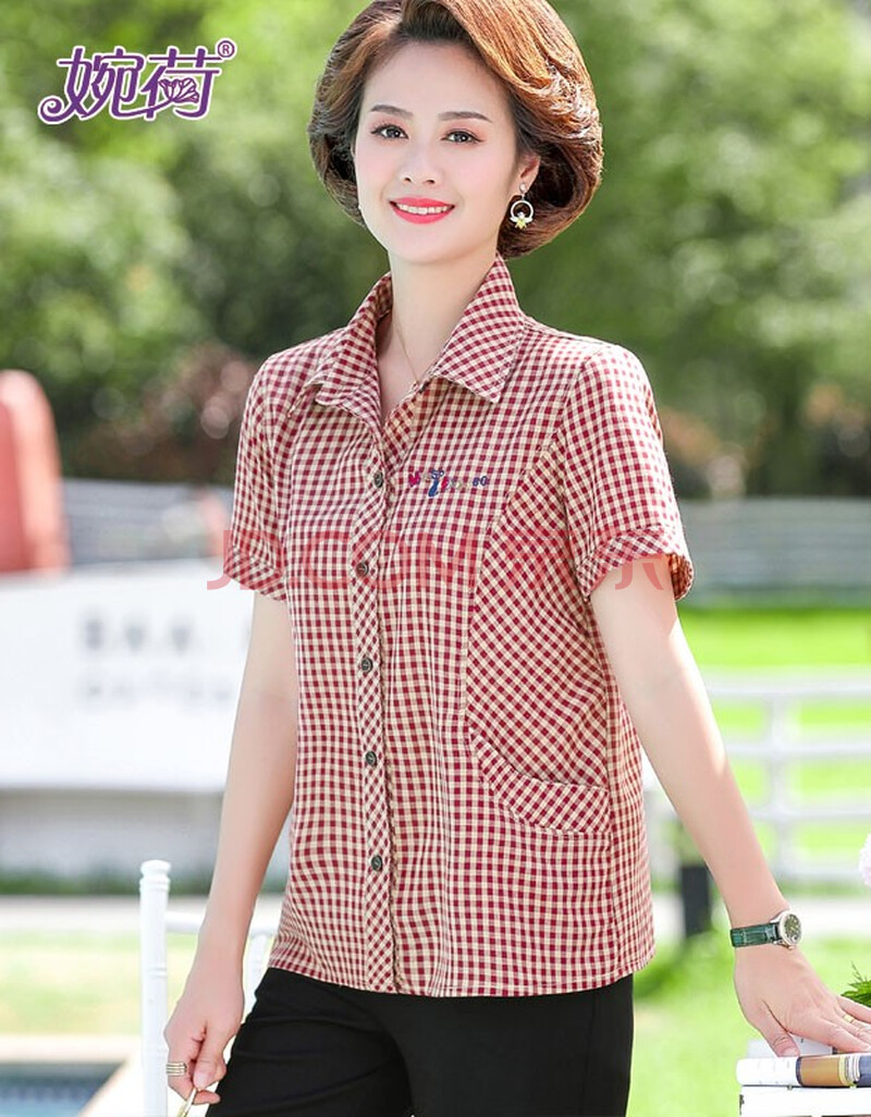 【国庆送礼】中年妈妈短袖衬衫格子上衣韩版宽松衬衣外穿中老年女装大