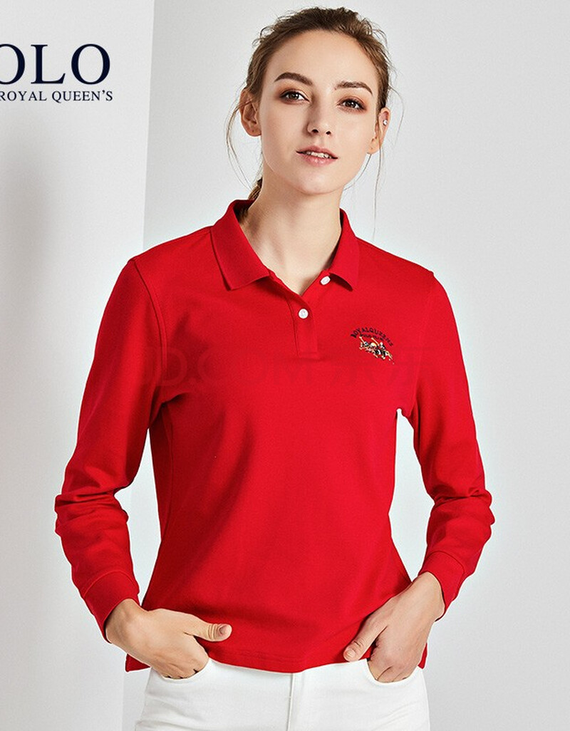 保罗纯棉长袖t恤女2020秋季纯色休闲运动polo衫翻领全棉 红色 170/xl