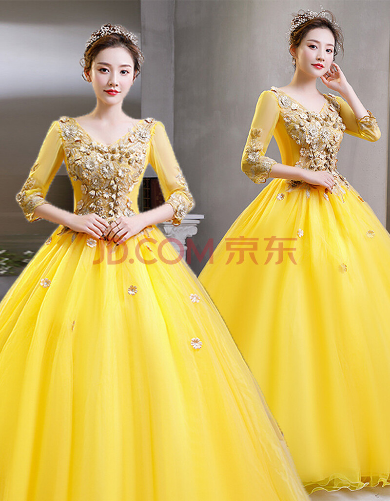 女装 礼服 黄花地 独唱主持人演出服彩纱2021新款学生声乐主持人演出