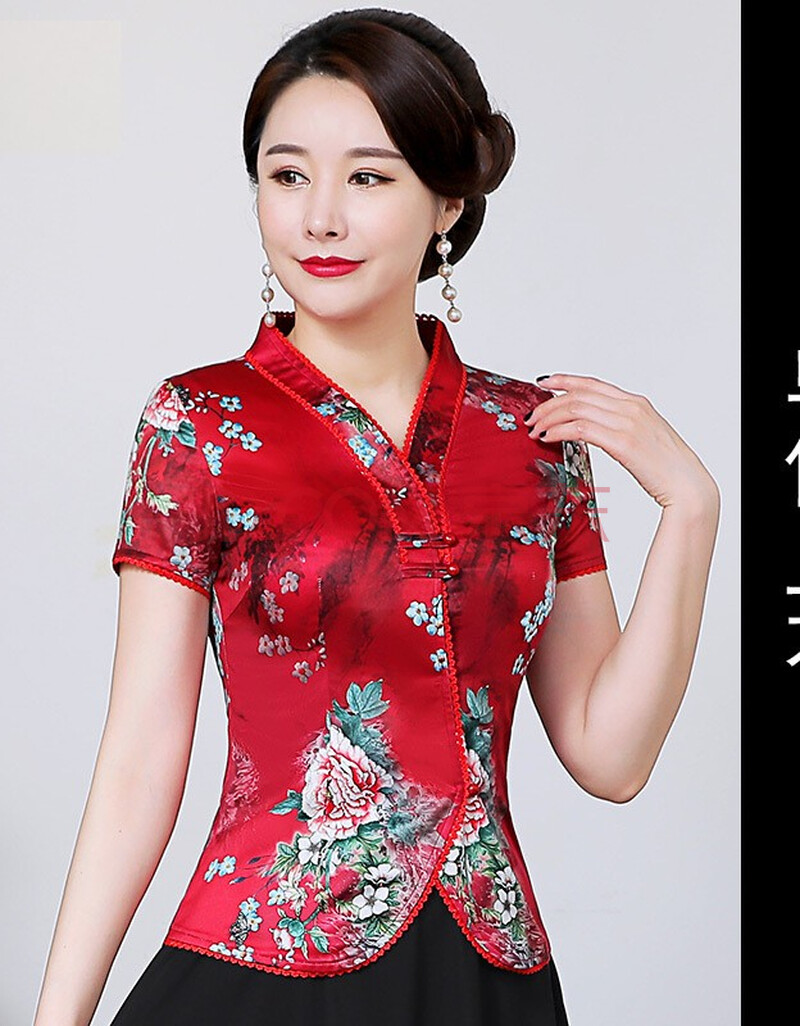 婆婆夏季短袖旗袍套装改良丝质花色女唐装上衣短款复古妈妈装婚宴礼服