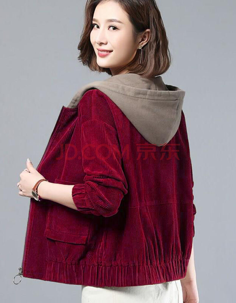 秋冬灯芯绒外套女短款时尚秋冬季宽松连帽开衫百搭夹克衫 酒红-加绒 m