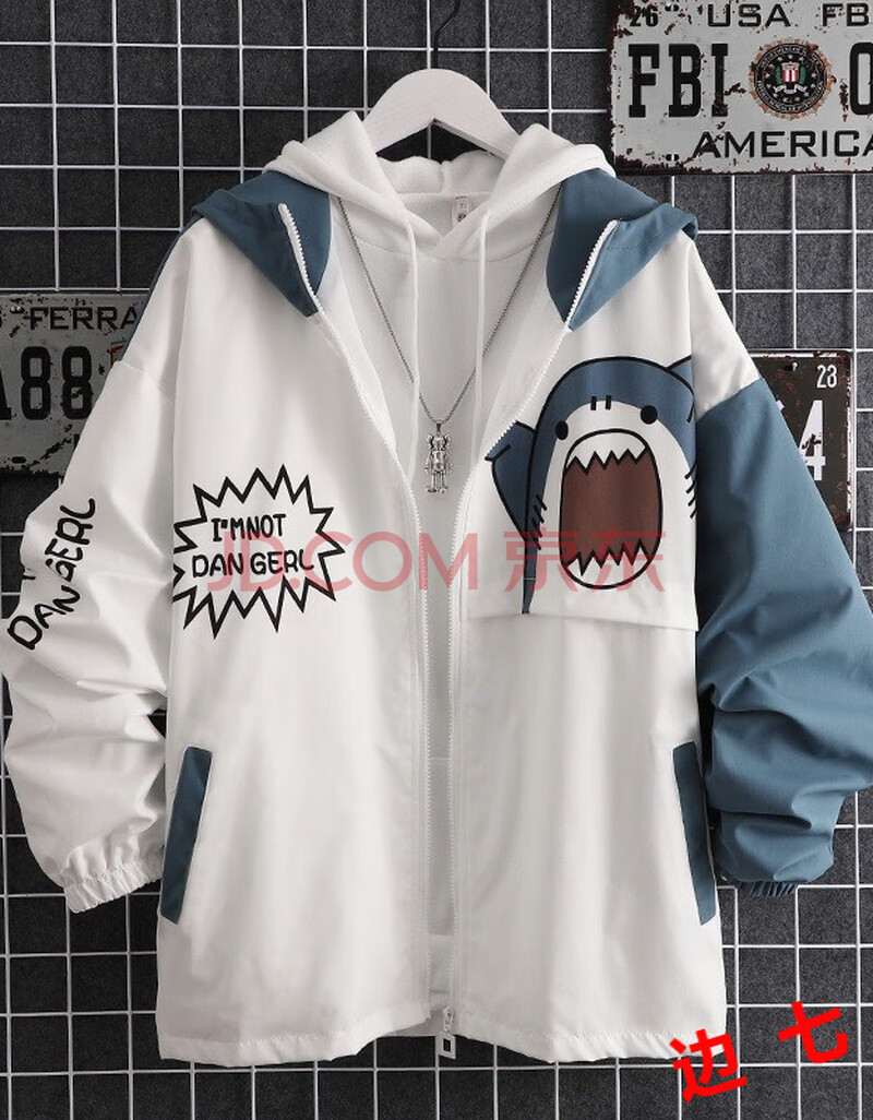 休闲百搭情侣连帽外套休闲夹克潮牌宽松学生运动上衣服 鲨鱼外套白蓝