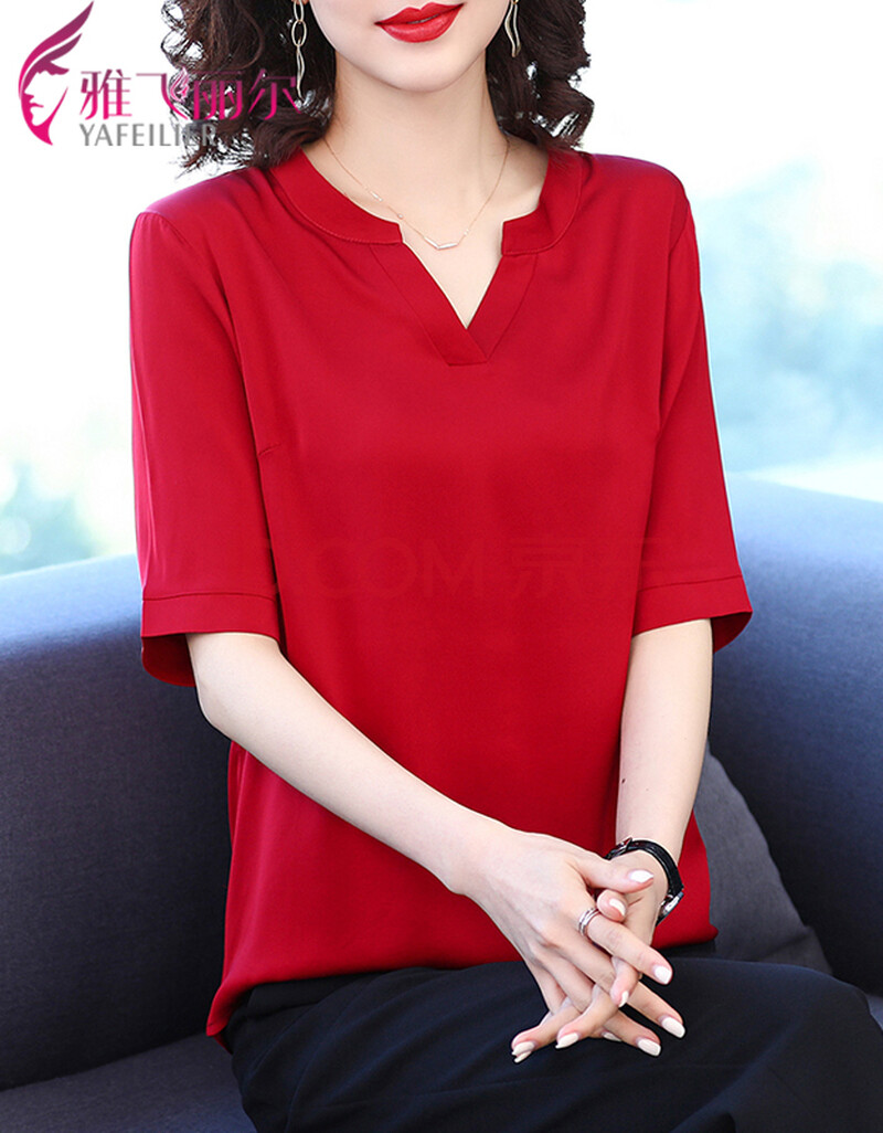 雅飞丽尔重磅真丝衬衫女短袖v领纯色桑蚕丝上衣女士衬衣杭州丝绸女装