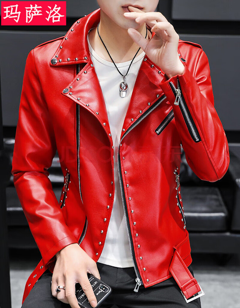 个性潮牌机车皮衣2021秋季新款潮流皮夹克帅气男装修身外套男 红色 xl