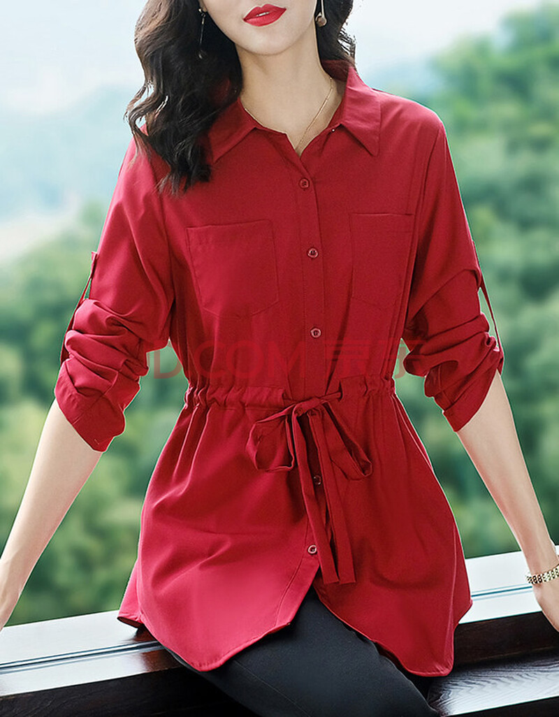 年春季新款上衣胖妹妹特大码女装衬衣收腰显瘦遮肚中长款衬衫 红色 xl