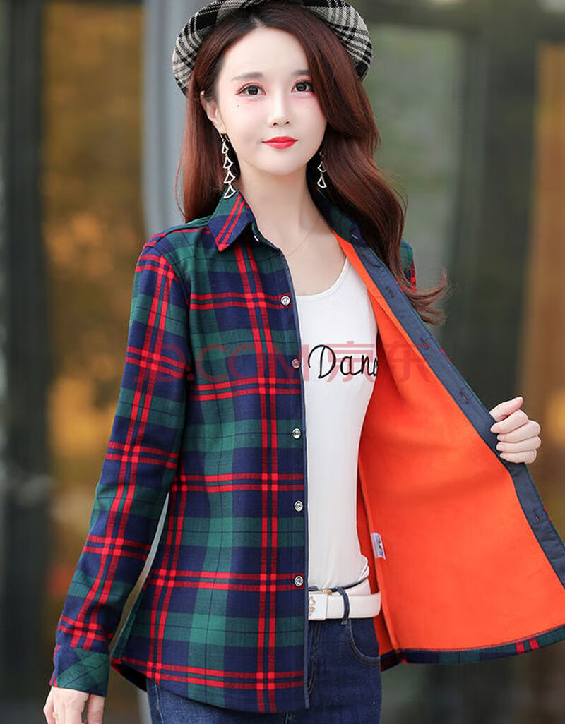 女款秋冬新款加厚弹力修身长袖女装外套格子保暖衬衣 aaaa-1 一体绒