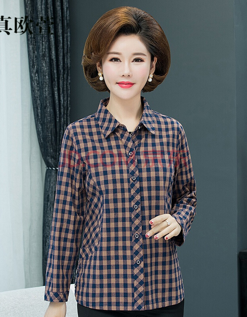 中老年女春秋装纯棉长袖衬衣老人上衣50岁棉加肥大码妈妈衬衫 yz1943