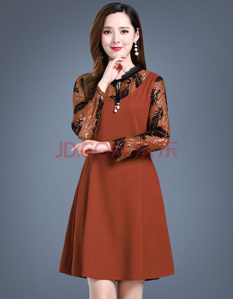 中年女春秋长袖连衣裙蕾丝a字裙中老年女装妈妈装秋季大码中长款 焦糖